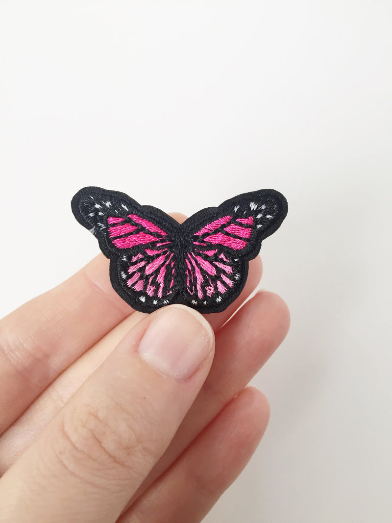 Small Fuchsia Butterfly Iron-on Patch, Embroidered Butterfly Badge