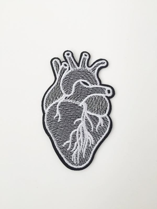 Black and White Anatomical Heart Iron-on Patch, Embroidered Heart Applique