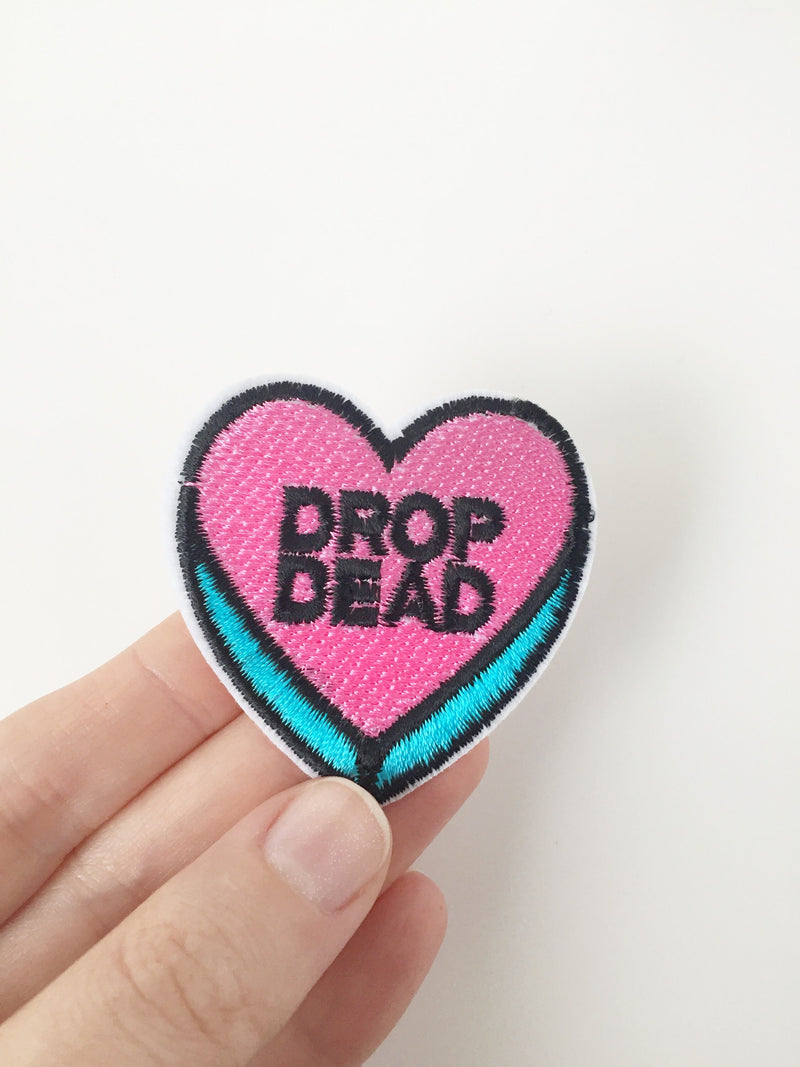 Drop Dead Heart Iron-on Patch, Pink Heart Badge