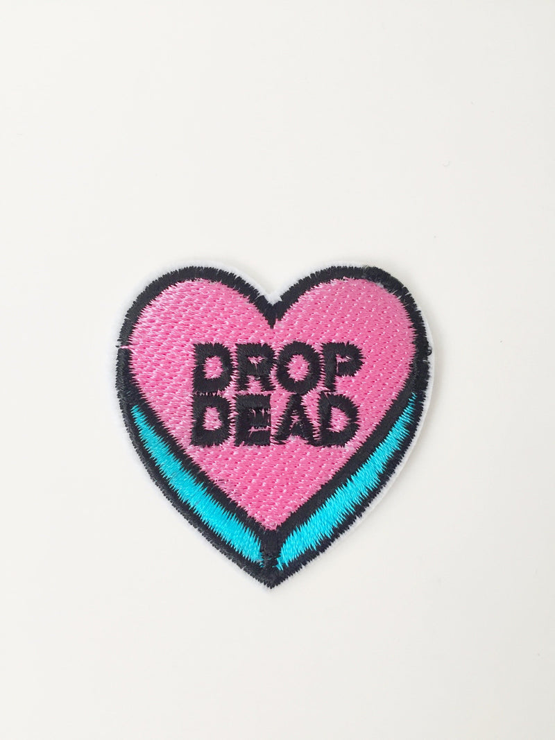 Drop Dead Heart Iron-on Patch, Pink Heart Badge