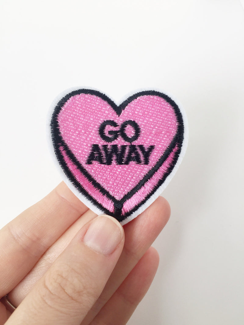 Go Away Heart Iron-on Patch, Pink Heart Badge