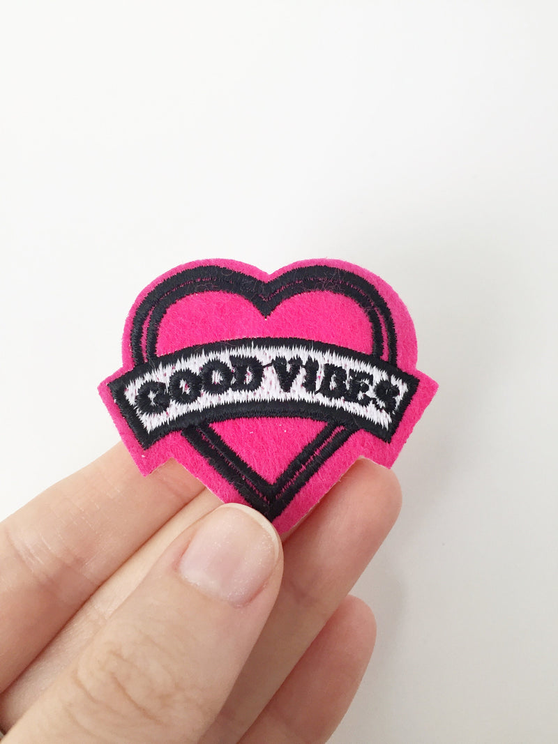 Good Vibes Heart Iron-on Patch, Pink Heart Badge