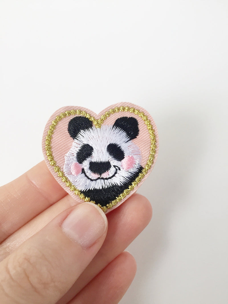 Kawaii Panda Iron-on Patch, Embroidered Panda Heart Motif