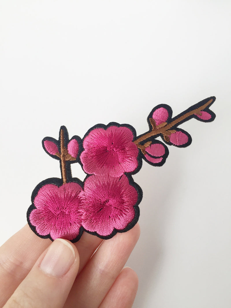 Deep Pink Sakura Iron-on Patch, Cherry Blossom Badge