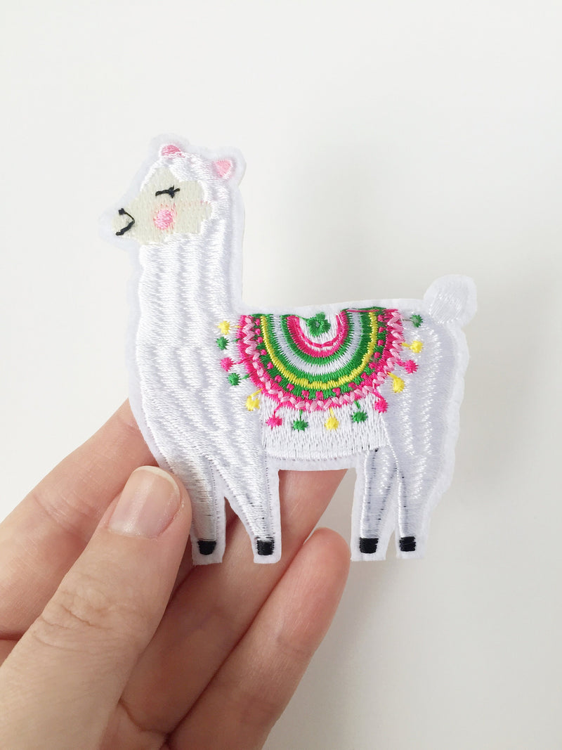 White Alpaca Iron-on Patch, Embroidered Llama Applique