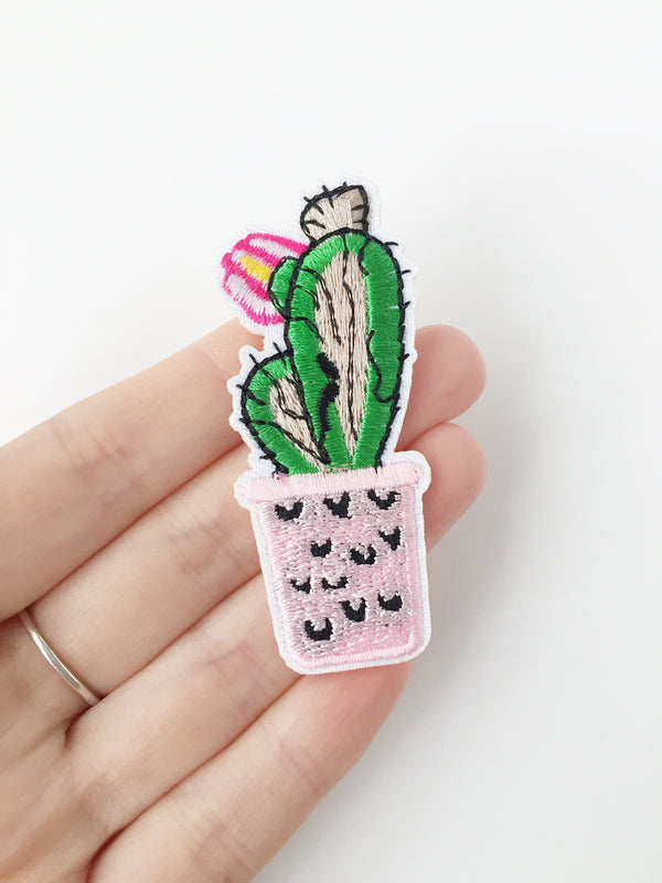 Blooming Cactus Iron-on Patch, Potted Cactus Embroidery Motif