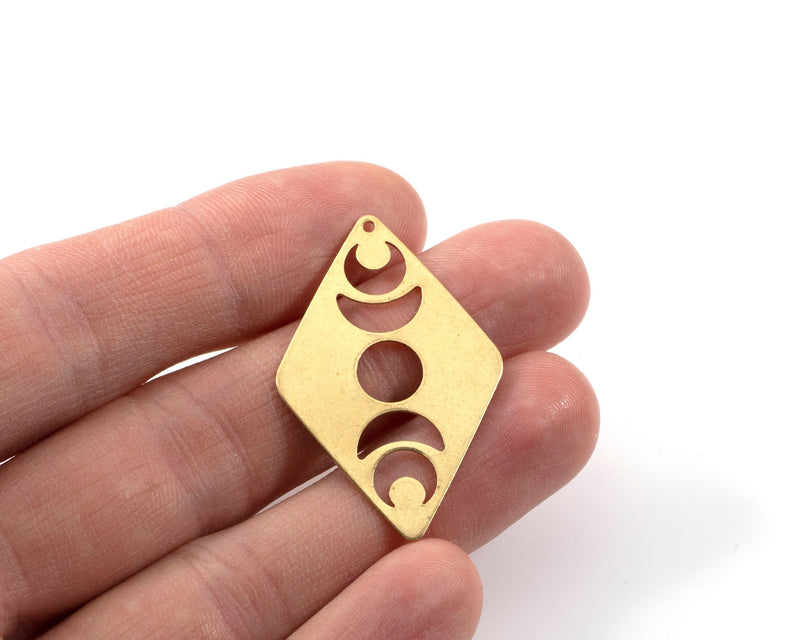 2 x Raw Brass Cut-out Moon Phase Rhombus Pendants, 40x26mm (C0075)