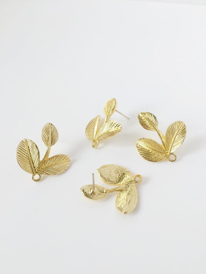 1 pair x Gold Orchid Leaf Earring Studs Blanks with Loops (1892)