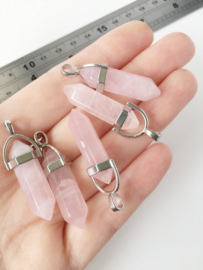 1 x Pointed Rose Quartz Healing Crystal Pendant, 43x13mm (1846)