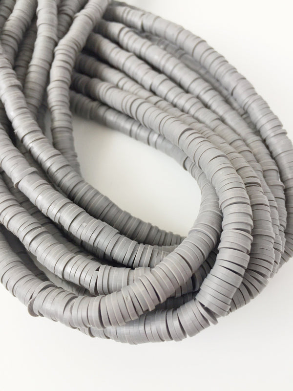 1 Strand x 6mm Grey Polymer Clay Disc Beads, Vinyl Heishi Beads (1854)