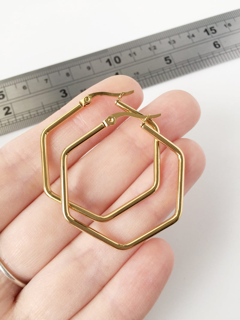 1 pair x Gold Plated Stainless Steel Hexagon Earring Hoops, 39x43mm (3496)