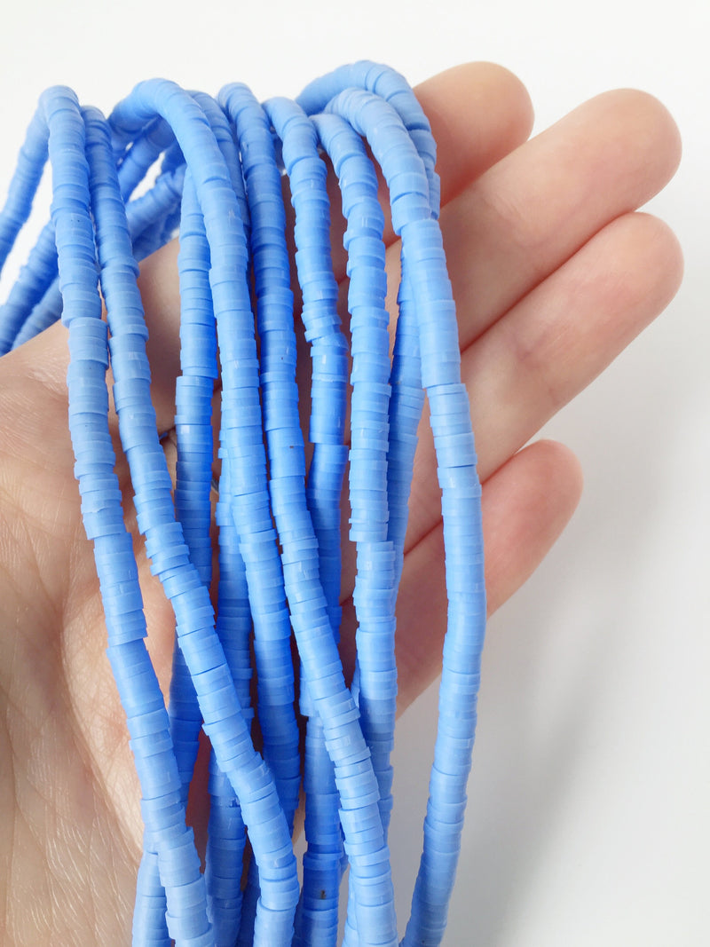 1 strand x 4mm Cornflower Blue Polymer Clay Disc Beads, Vinyl Heishi Beads (1773)