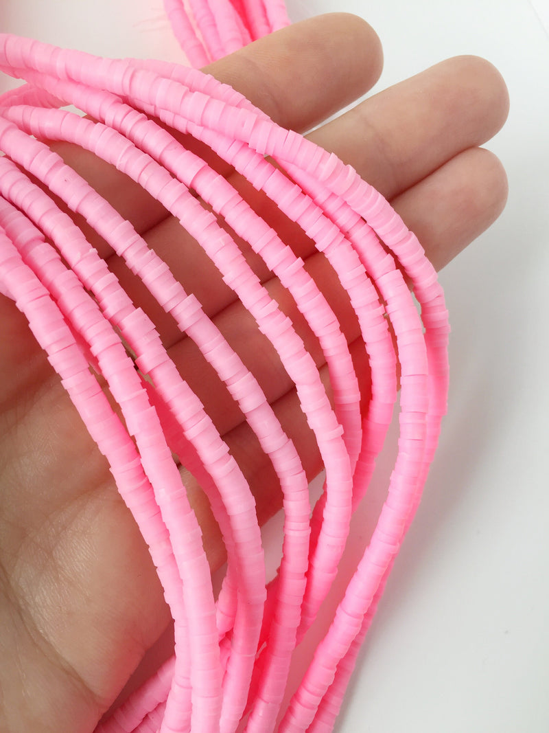 1 strand x 4mm Pink Polymer Clay Disc Beads, Vinyl Heishi Beads (1771)