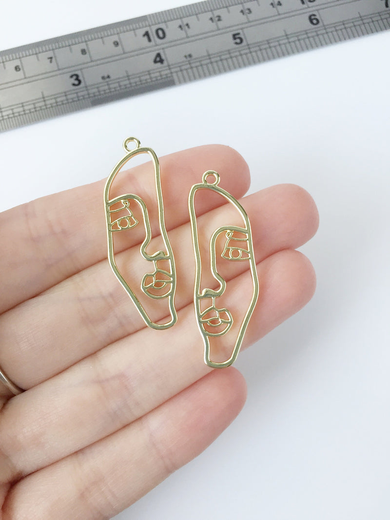 2 x Gold Plated Abstract Face Outline Charms, 40x13mm (1624)