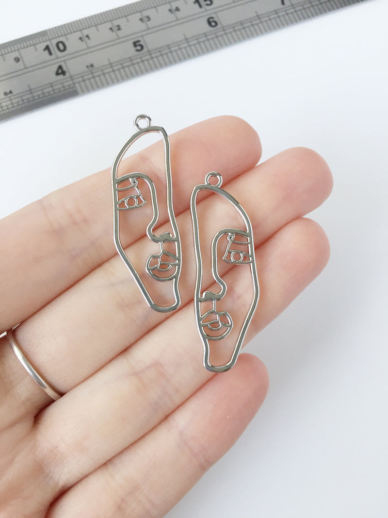 2 x Rhodium Plated Abstract Face Outline Pendants, 40x13mm (1618)