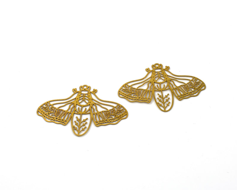 2 x Large Raw Brass Moth Pendants, Laser Cut MothCharms (C0235)