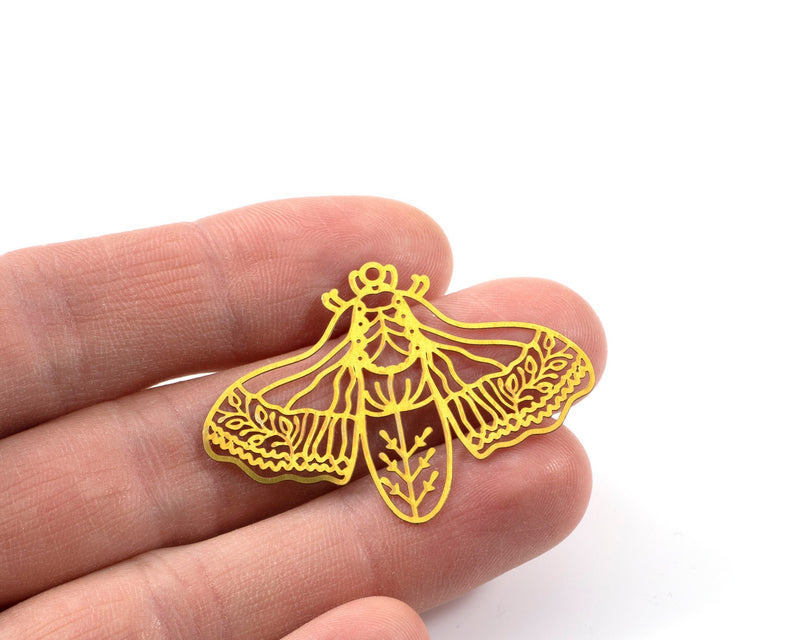 2 x Large Raw Brass Moth Pendants, Laser Cut MothCharms (C0235)