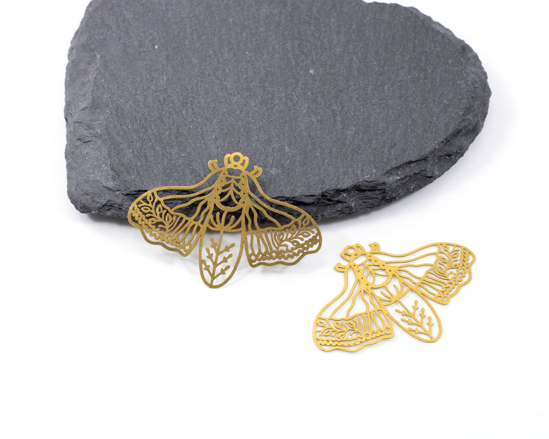 2 x Large Raw Brass Moth Pendants, Laser Cut MothCharms (C0235)