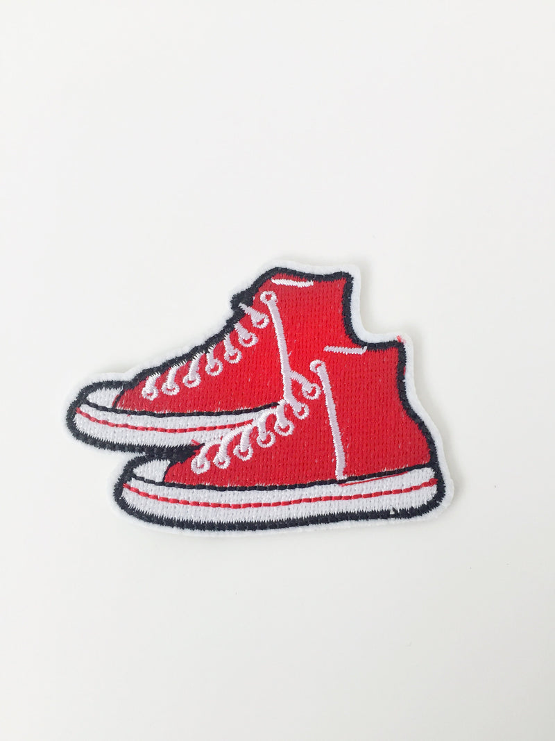 Red Sneakers Iron-on Patch, Embroidered Trainers Badge, Hippie Shoes Motif (P038)