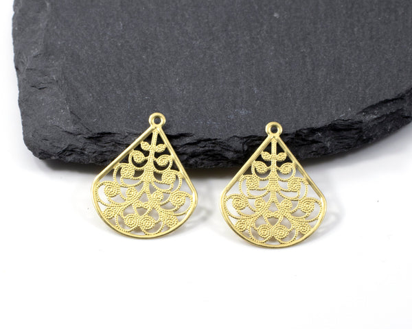 2 x Ornate Teardrop Raw Brass Pendants, 30x23mm (C0412)