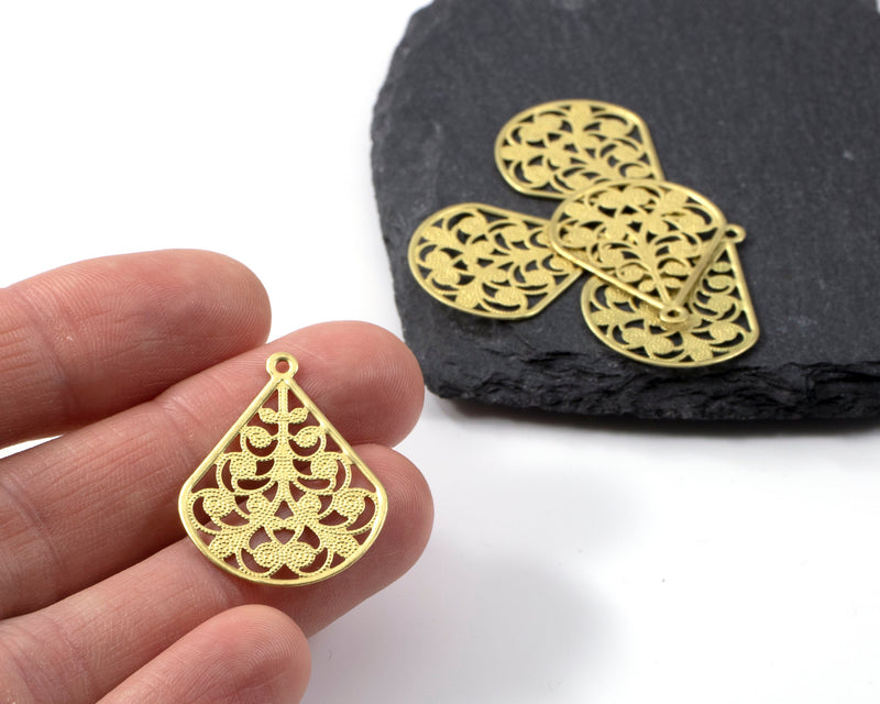 2 x Ornate Teardrop Raw Brass Pendants, 30x23mm (C0412)