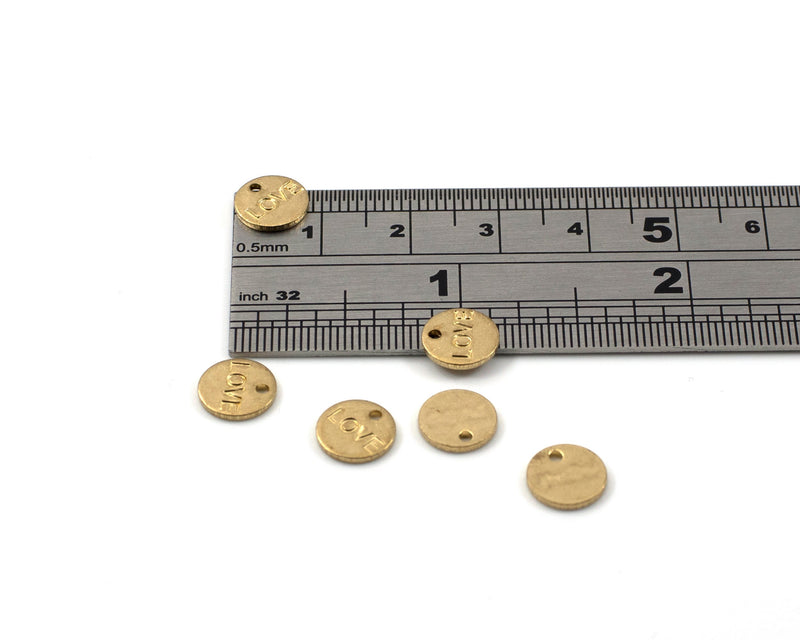 20 x Raw Brass Coin Charms, 8mm Love Stamped Round Tags (C0541)