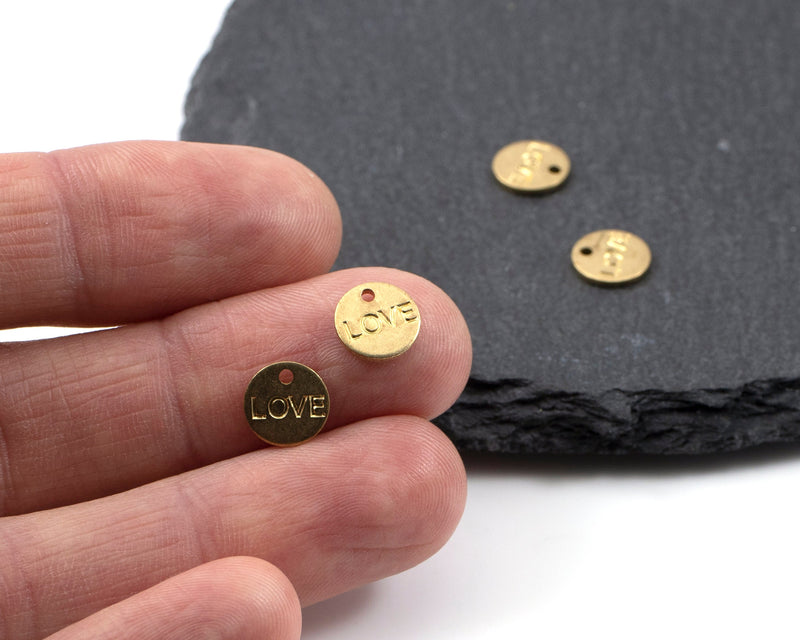 20 x Raw Brass Coin Charms, 8mm Love Stamped Round Tags (C0541)