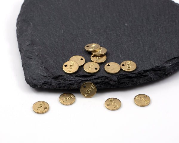 20 x Raw Brass Coin Charms, 8mm Love Stamped Round Tags (C0541)