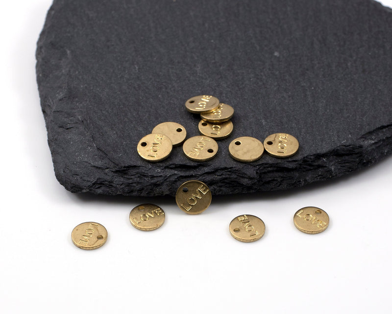 20 x Raw Brass Coin Charms, 8mm Love Stamped Round Tags (C0541)