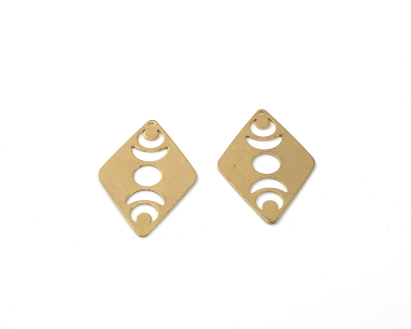 2 x Raw Brass Cut-out Moon Phase Rhombus Pendants, 40x26mm (C0075)