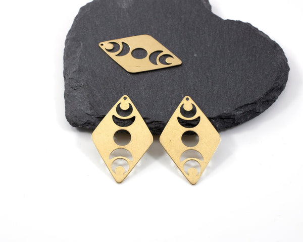 2 x Raw Brass Cut-out Moon Phase Rhombus Pendants, 40x26mm (C0075)