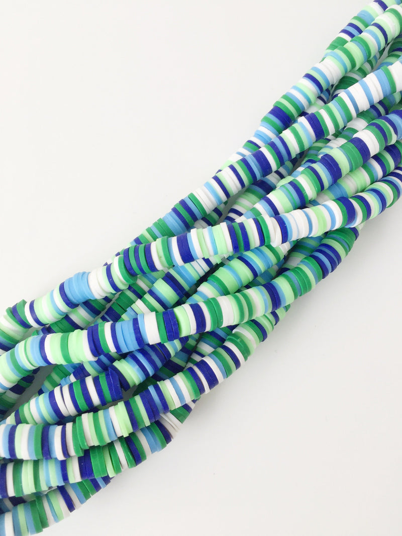 1 strand x 6mm Green and Blue Mix Polymer Clay Disc Beads, Vinyl Heishi Beads (1857)