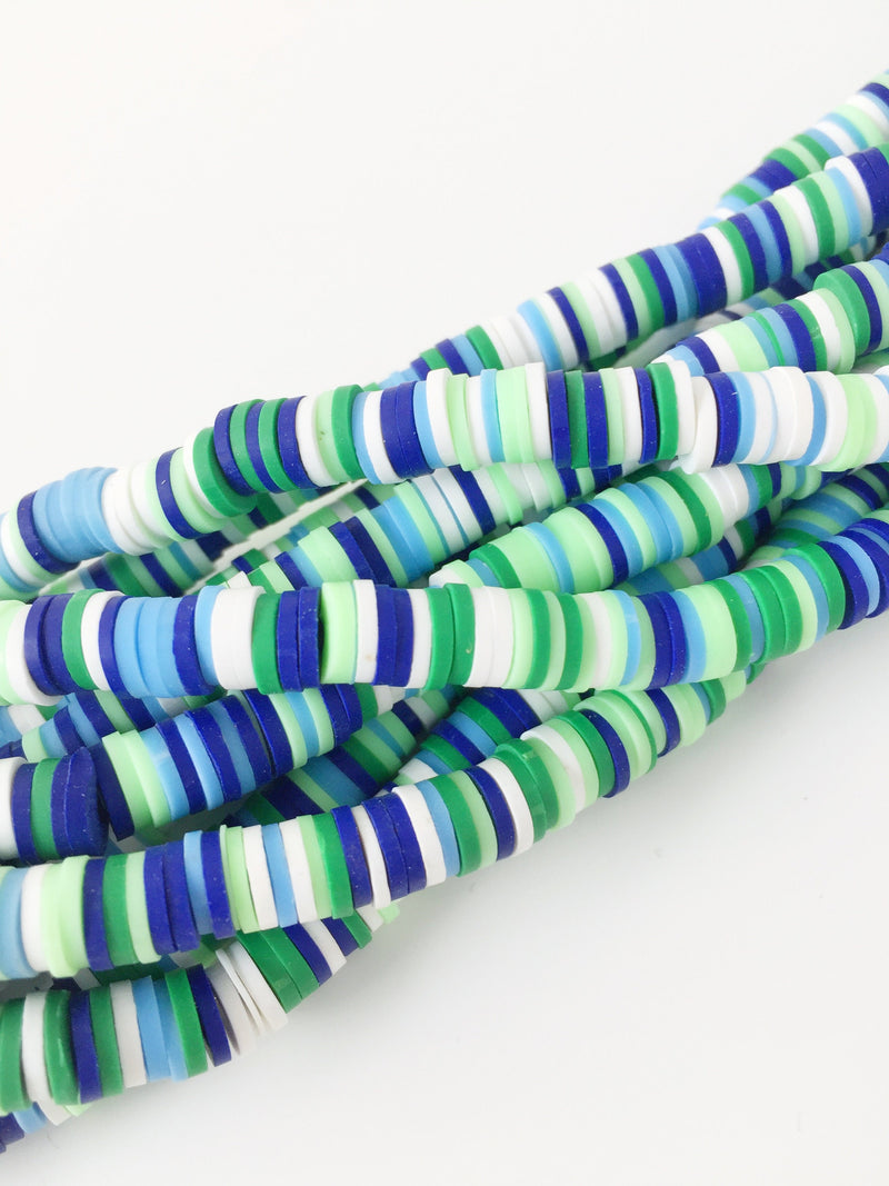 1 strand x 6mm Green and Blue Mix Polymer Clay Disc Beads, Vinyl Heishi Beads (1857)