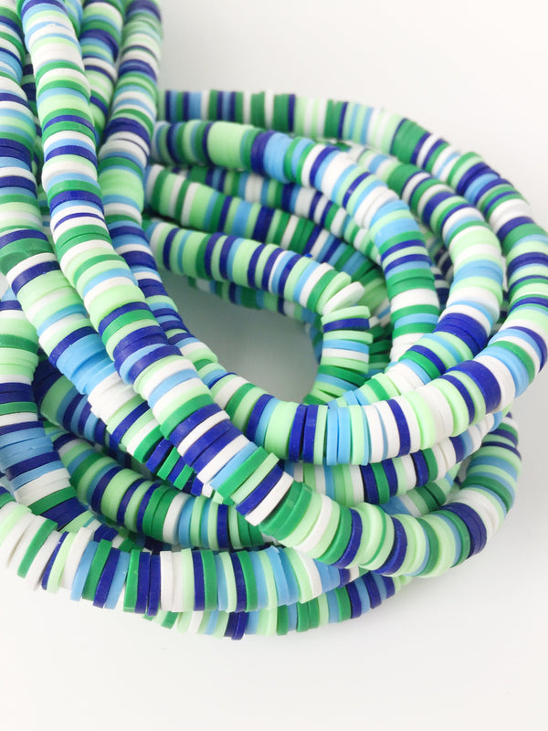 1 strand x 6mm Green and Blue Mix Polymer Clay Disc Beads, Vinyl Heishi Beads (1857)