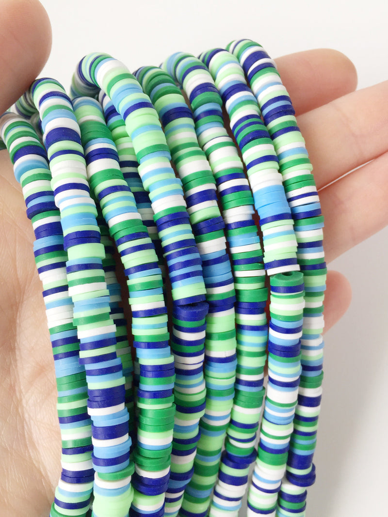 1 strand x 6mm Green and Blue Mix Polymer Clay Disc Beads, Vinyl Heishi Beads (1857)