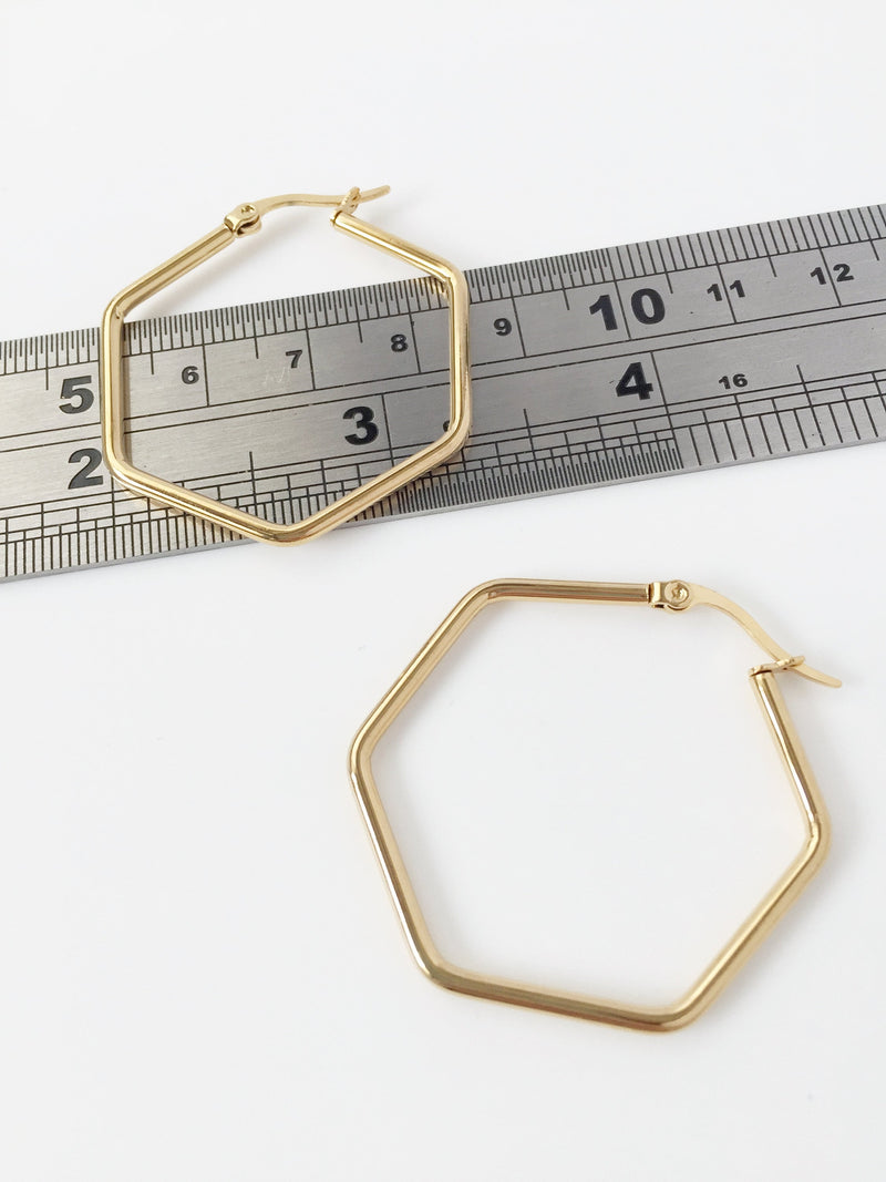 1 pair x Gold Plated Stainless Steel Hexagon Earring Hoops, 39x43mm (3496)