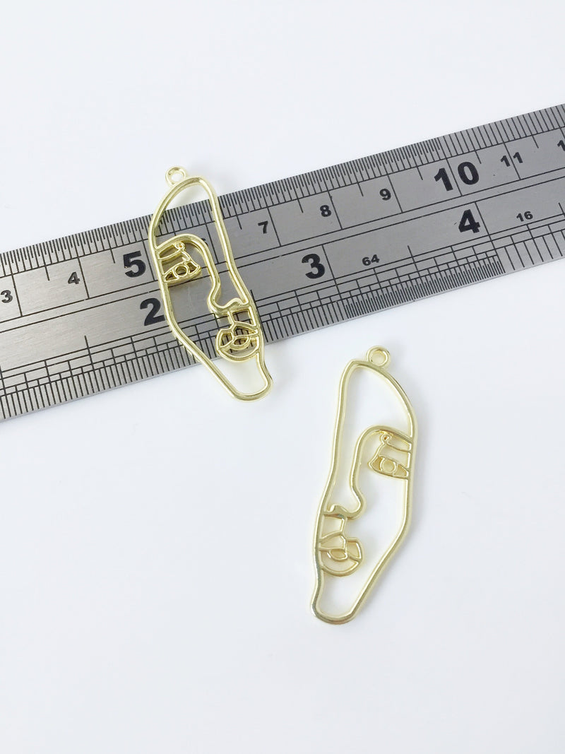 2 x Gold Plated Abstract Face Outline Charms, 40x13mm (1624)