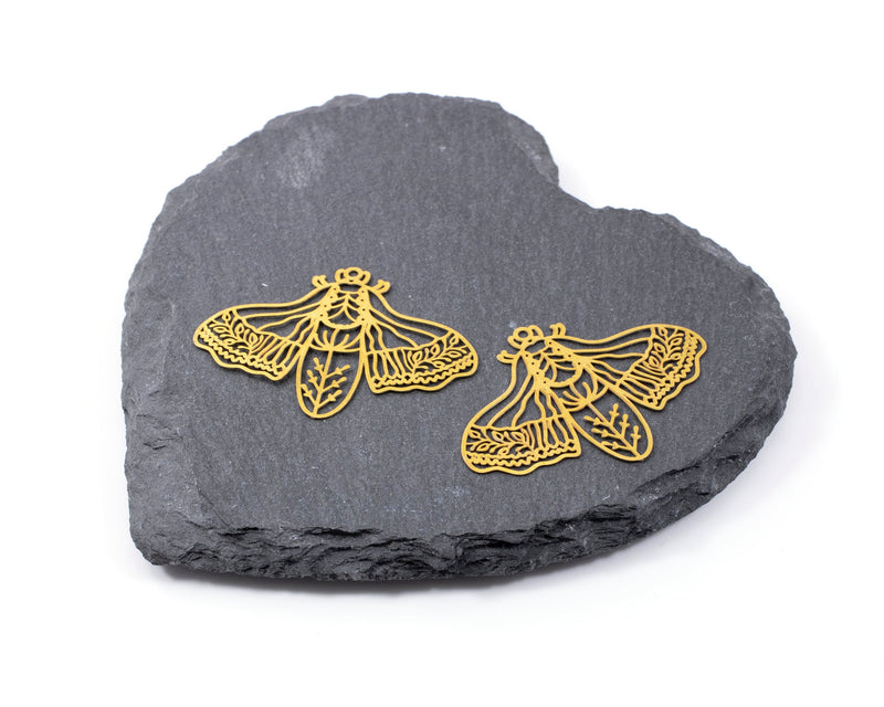 2 x Large Raw Brass Moth Pendants, Laser Cut MothCharms (C0235)