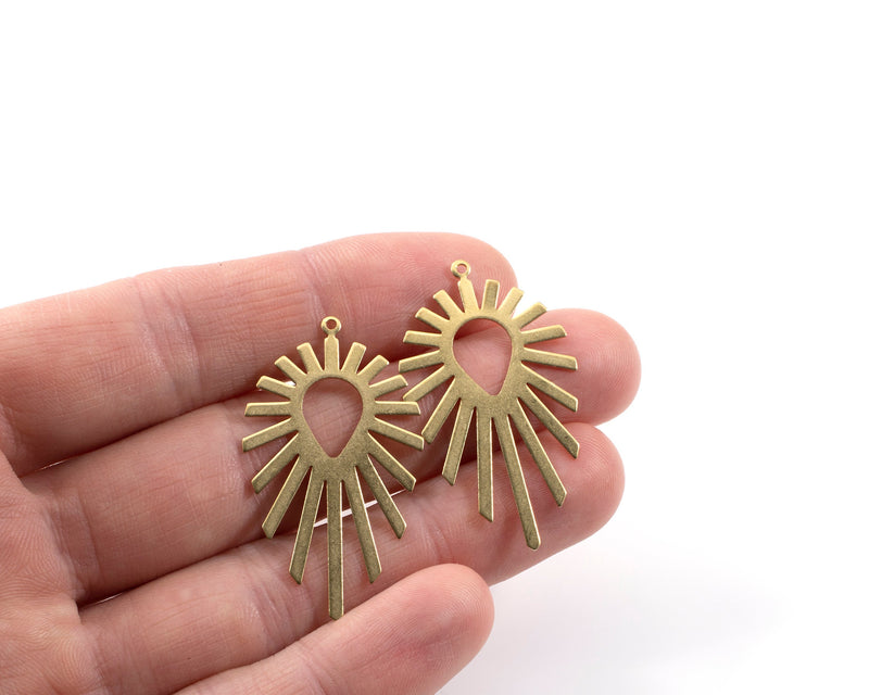 2 x Raw Brass Sun Pendants, 45x25mm (C0373)