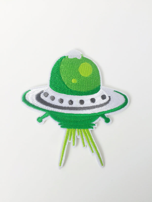 Green UFO Iron-on Patch, Spacecraft Embroidery Applique (P039)