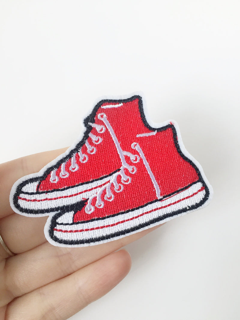 Red Sneakers Iron-on Patch, Embroidered Trainers Badge, Hippie Shoes Motif (P038)