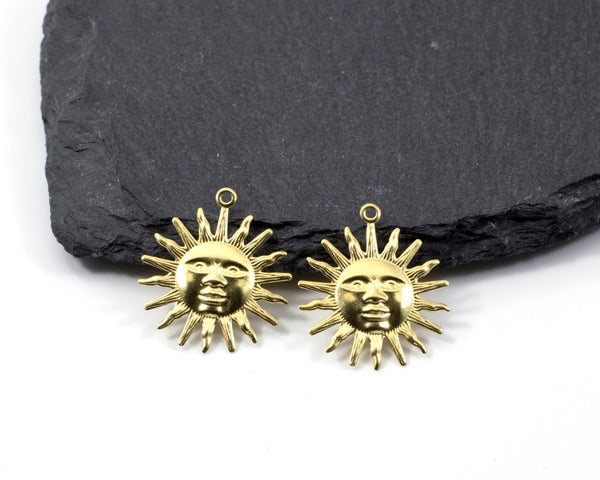 4 x Raw Brass Sun Pendants, 25x22mm (C0411)