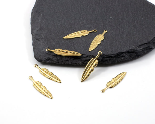 8 x Raw Brass Feather Charms, 26x5mm (C0414)