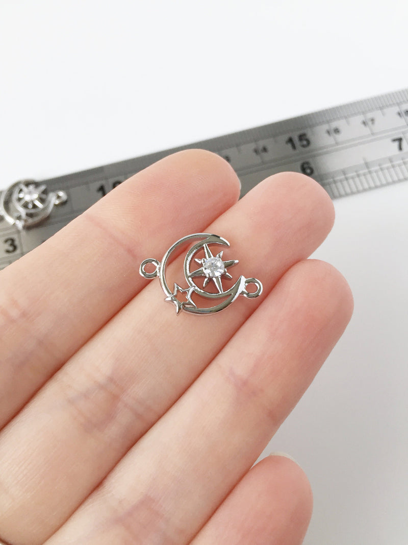 2 x Rhodium Plated Moon and Star Connectors with Cubic Zirconia (2234)