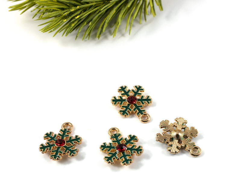 8 x Enamel Snowflake Gold Pendants with Crystal Centre, 21x17mm (C0574)