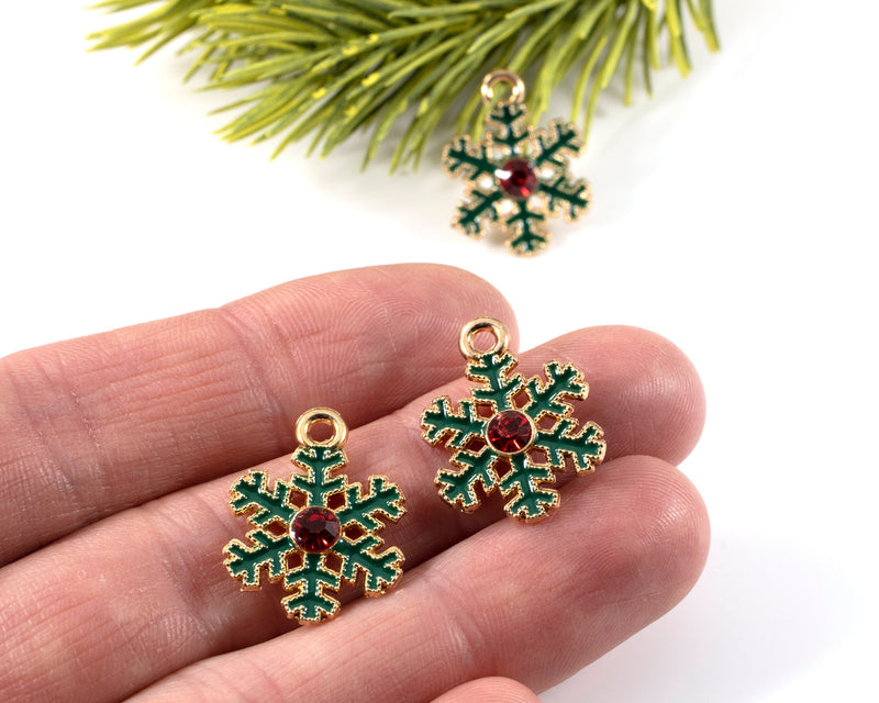 8 x Enamel Snowflake Gold Pendants with Crystal Centre, 21x17mm (C0574)