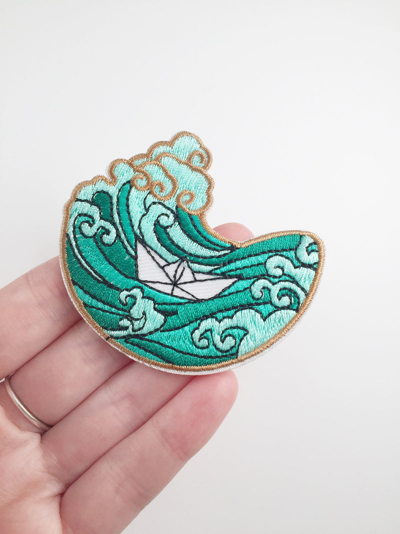 Ocean Wave Iron-on Patch, Paper Boat Embroidery Applique