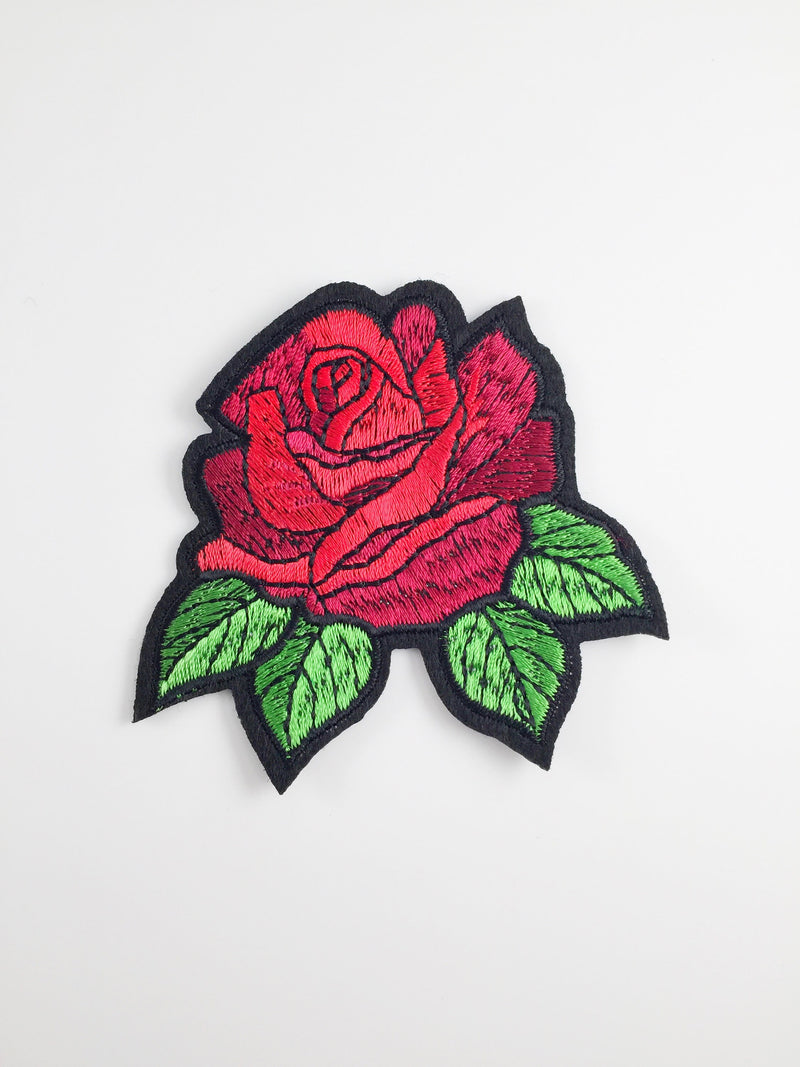 Red Rose Iron-on Patch, Embroidered Rose Badge