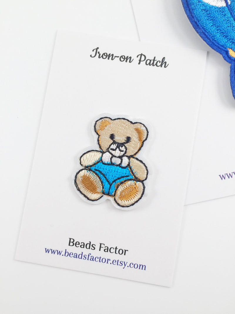 Tiny Blue Teddy Bear Iron-on Patch, Cute Bear Boy Badge