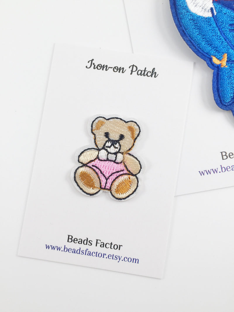 Tiny Pink Teddy Bear Iron-on Patch, Cute Bear Girl Embroidered Motif